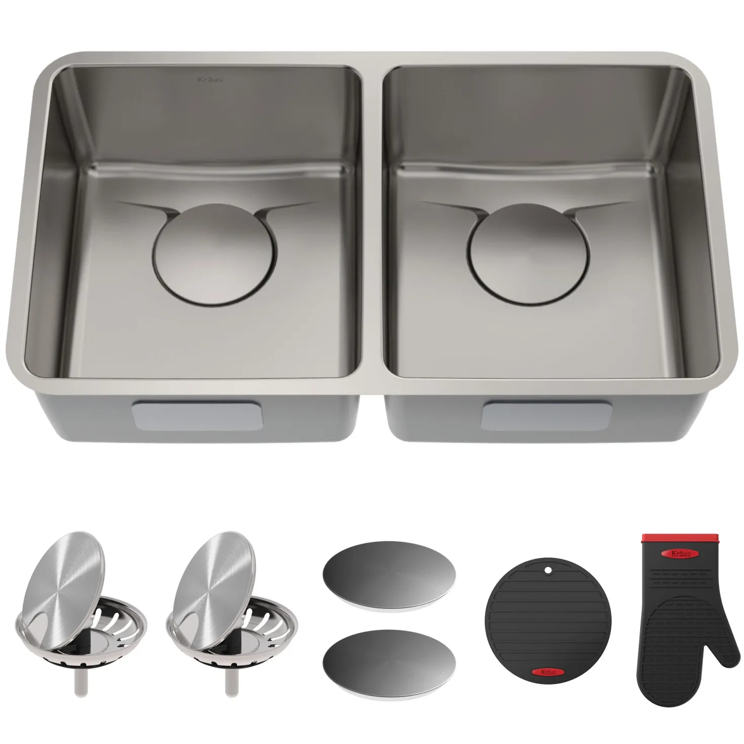 KRAUS Dex 33" Undermount 50/50 Double Bowl 16 Gauge Stainless Steel Kitchen Sink with VersiDrain