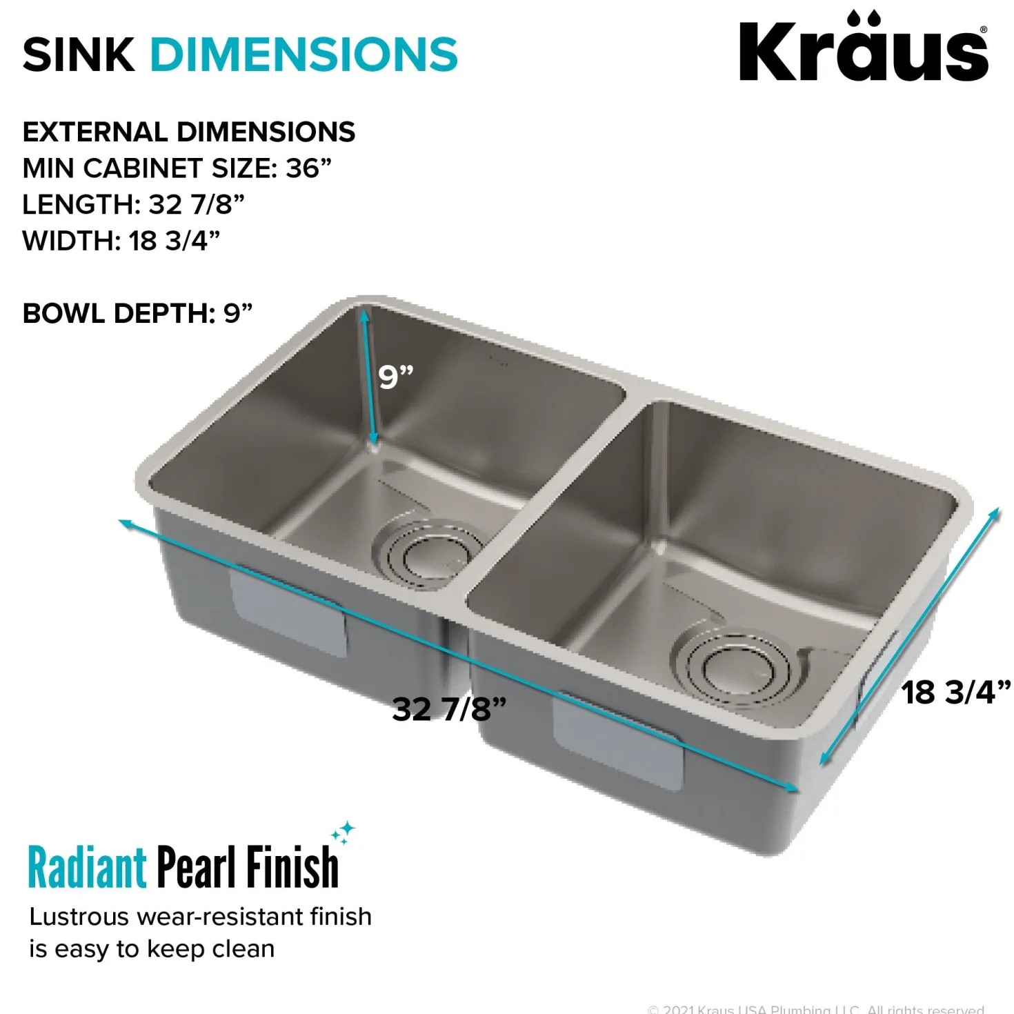 KRAUS Dex 33" Undermount 50/50 Double Bowl 16 Gauge Stainless Steel Kitchen Sink with VersiDrain