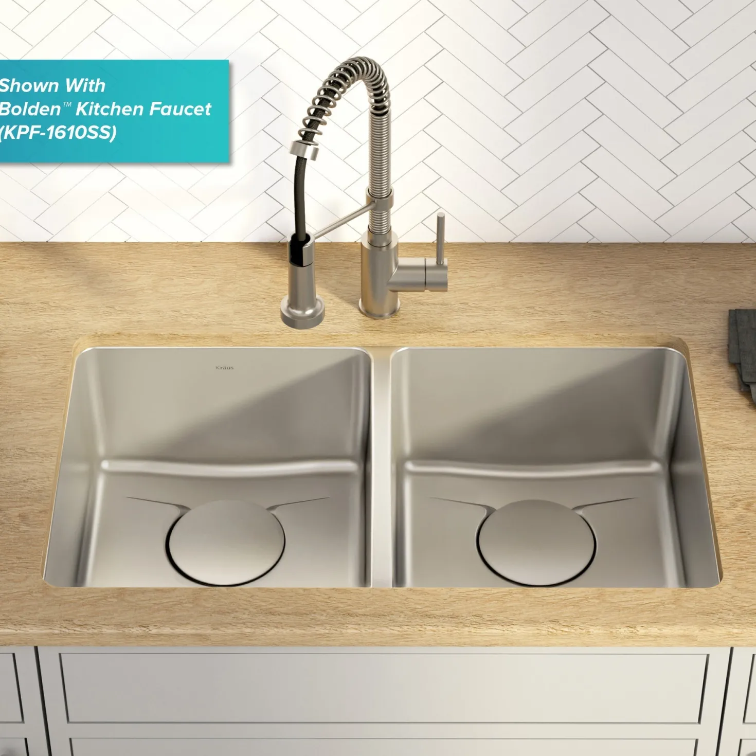 KRAUS Dex 33" Undermount 50/50 Double Bowl 16 Gauge Stainless Steel Kitchen Sink with VersiDrain