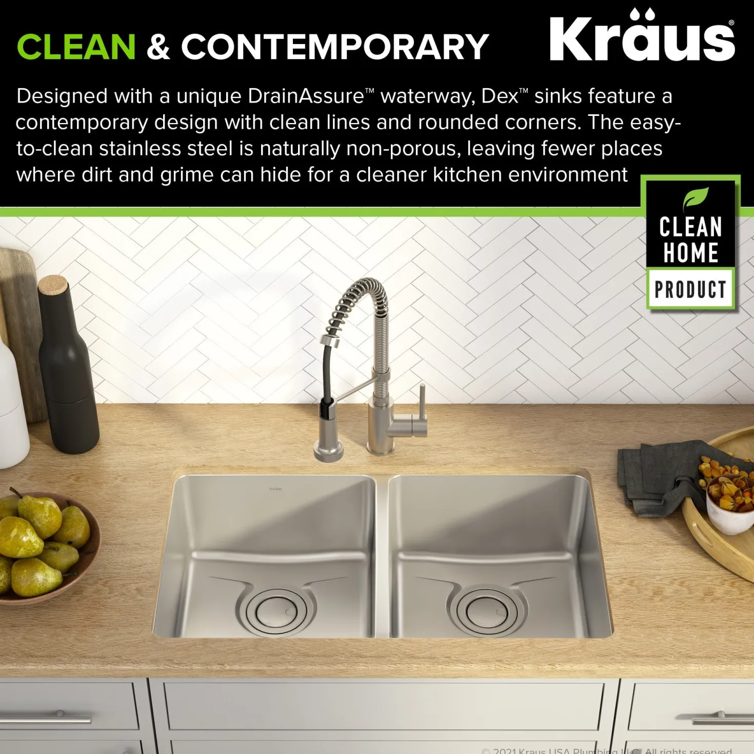 KRAUS Dex 33" Undermount 50/50 Double Bowl 16 Gauge Stainless Steel Kitchen Sink with VersiDrain