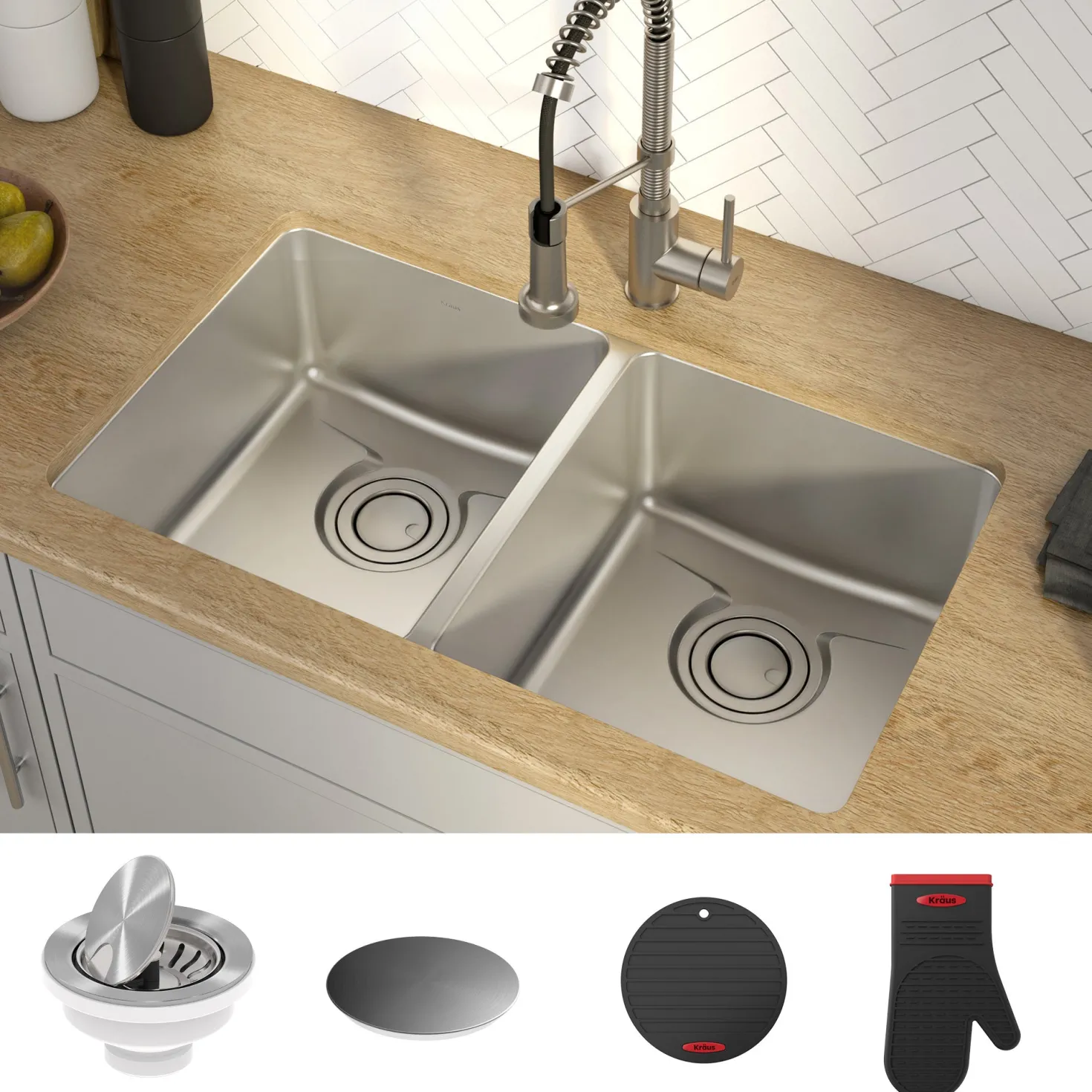 KRAUS Dex 33" Undermount 50/50 Double Bowl 16 Gauge Stainless Steel Kitchen Sink with VersiDrain