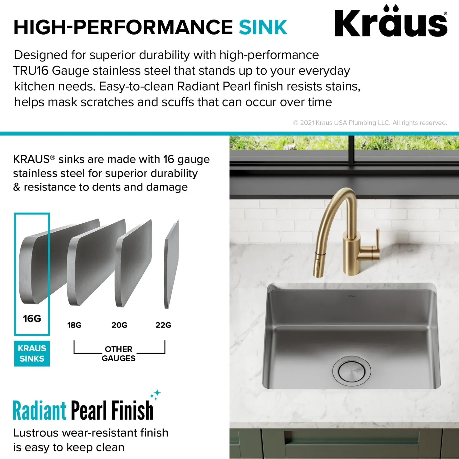 KRAUS Dex 21" Undermount 16 Gauge Stainless Steel Kitchen Sink