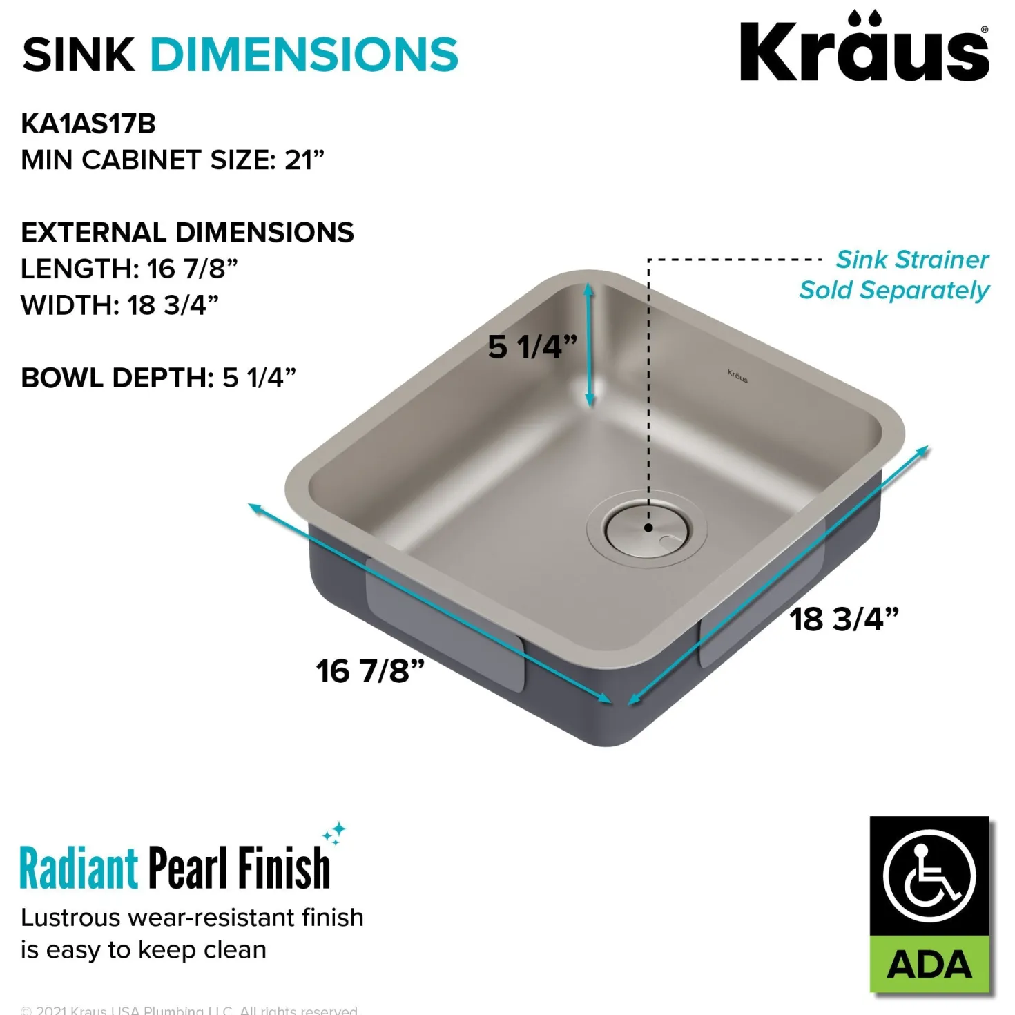 KRAUS Dex 17" Undermount 16 Gauge Stainless Steel ADA Kitchen Sink