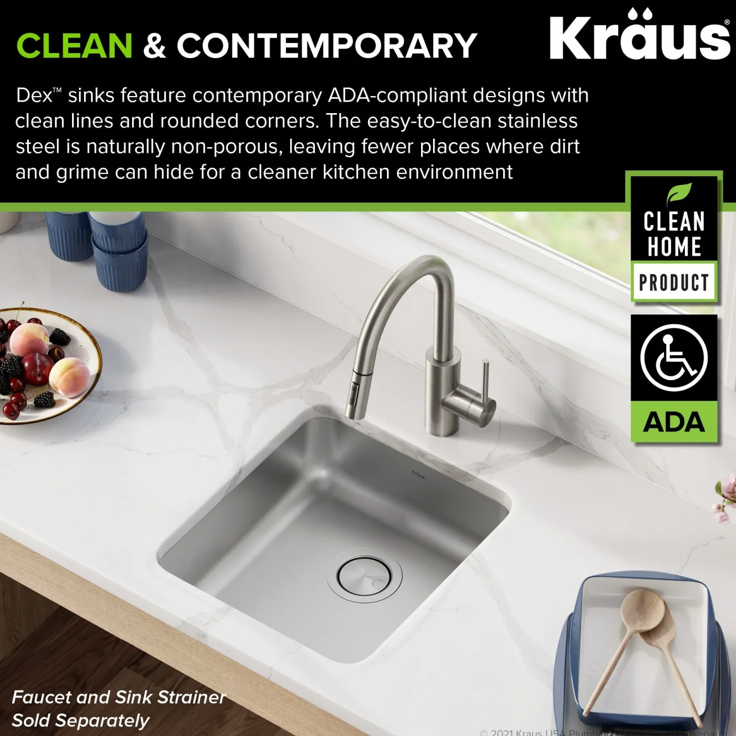 KRAUS Dex 17" Undermount 16 Gauge Stainless Steel ADA Kitchen Sink