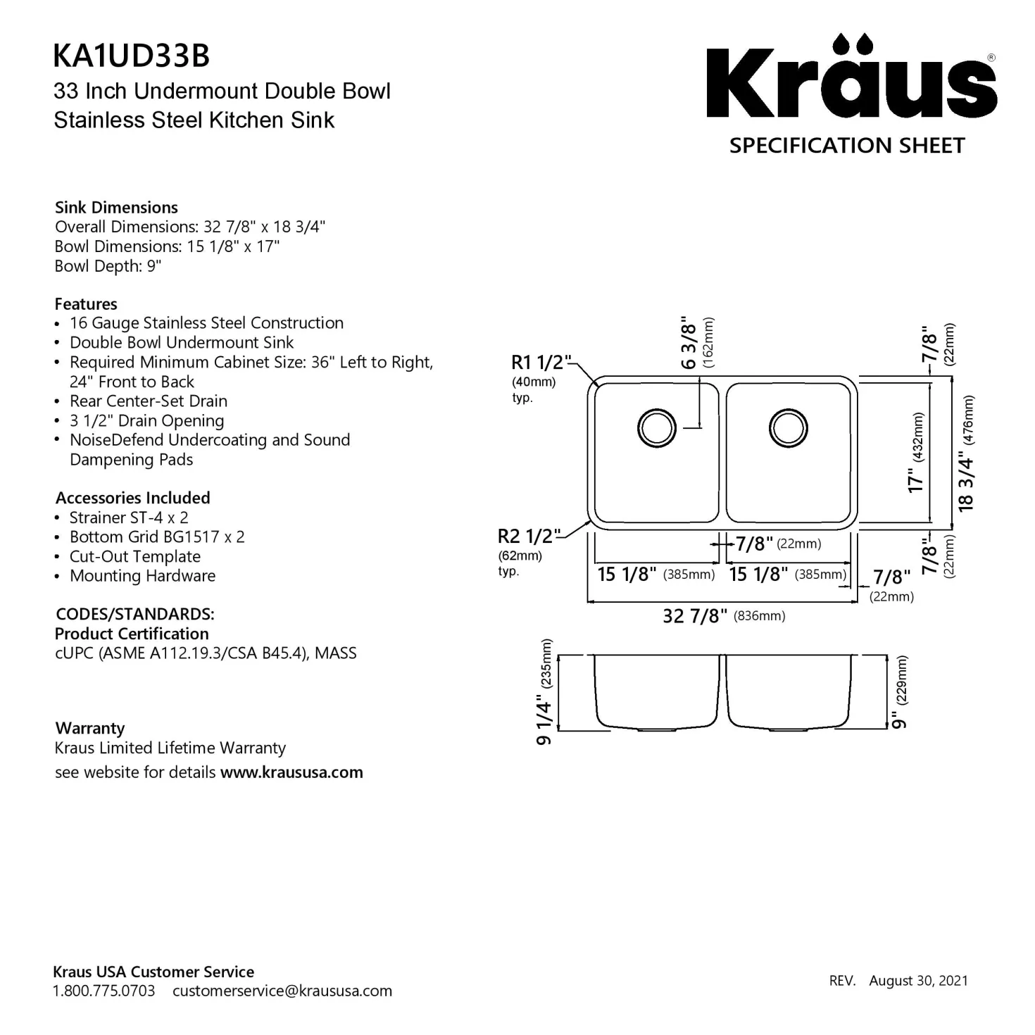 KRAUS Dex 33" Undermount 16 Gauge Stainless Steel Double Bowl Kitchen Sink