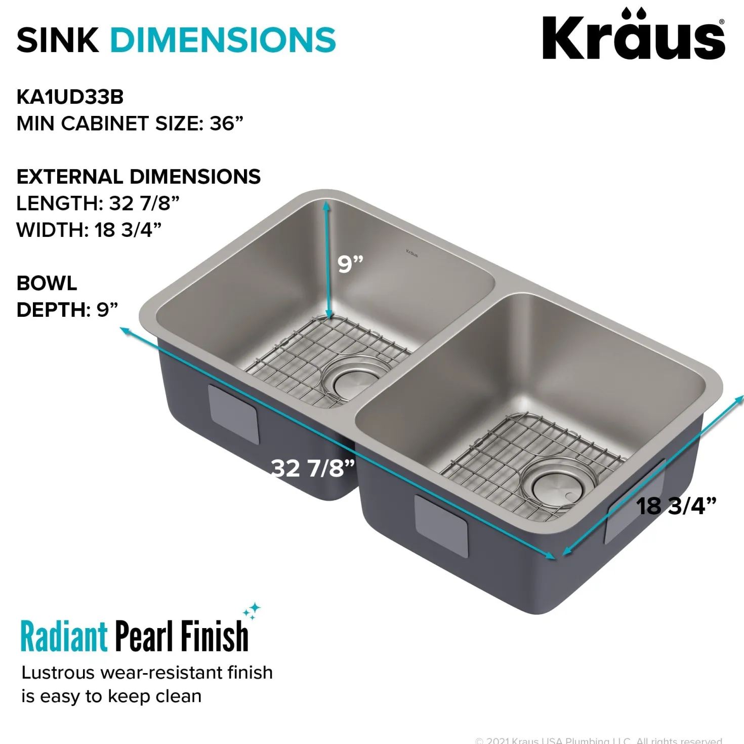 KRAUS Dex 33" Undermount 16 Gauge Stainless Steel Double Bowl Kitchen Sink