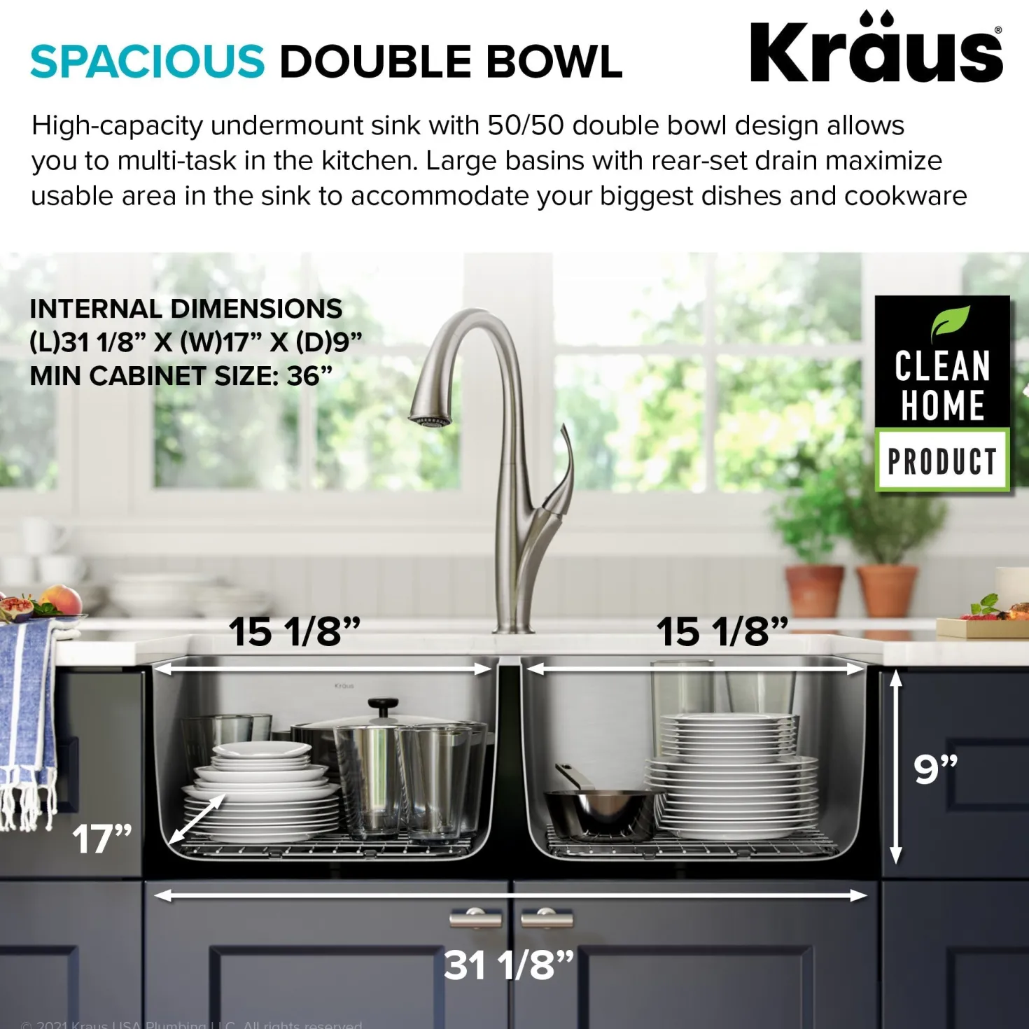 KRAUS Dex 33" Undermount 16 Gauge Stainless Steel Double Bowl Kitchen Sink