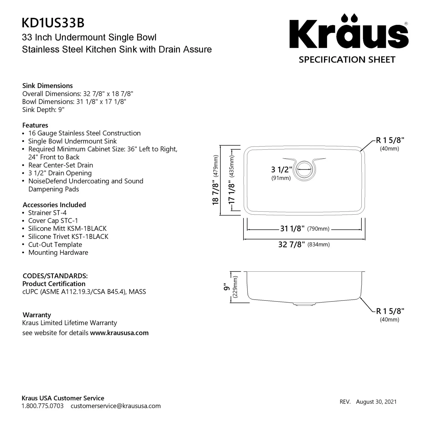 KRAUS Dex 33" Undermount 16 Gauge Stainless Steel Kitchen Sink with VersiDrain