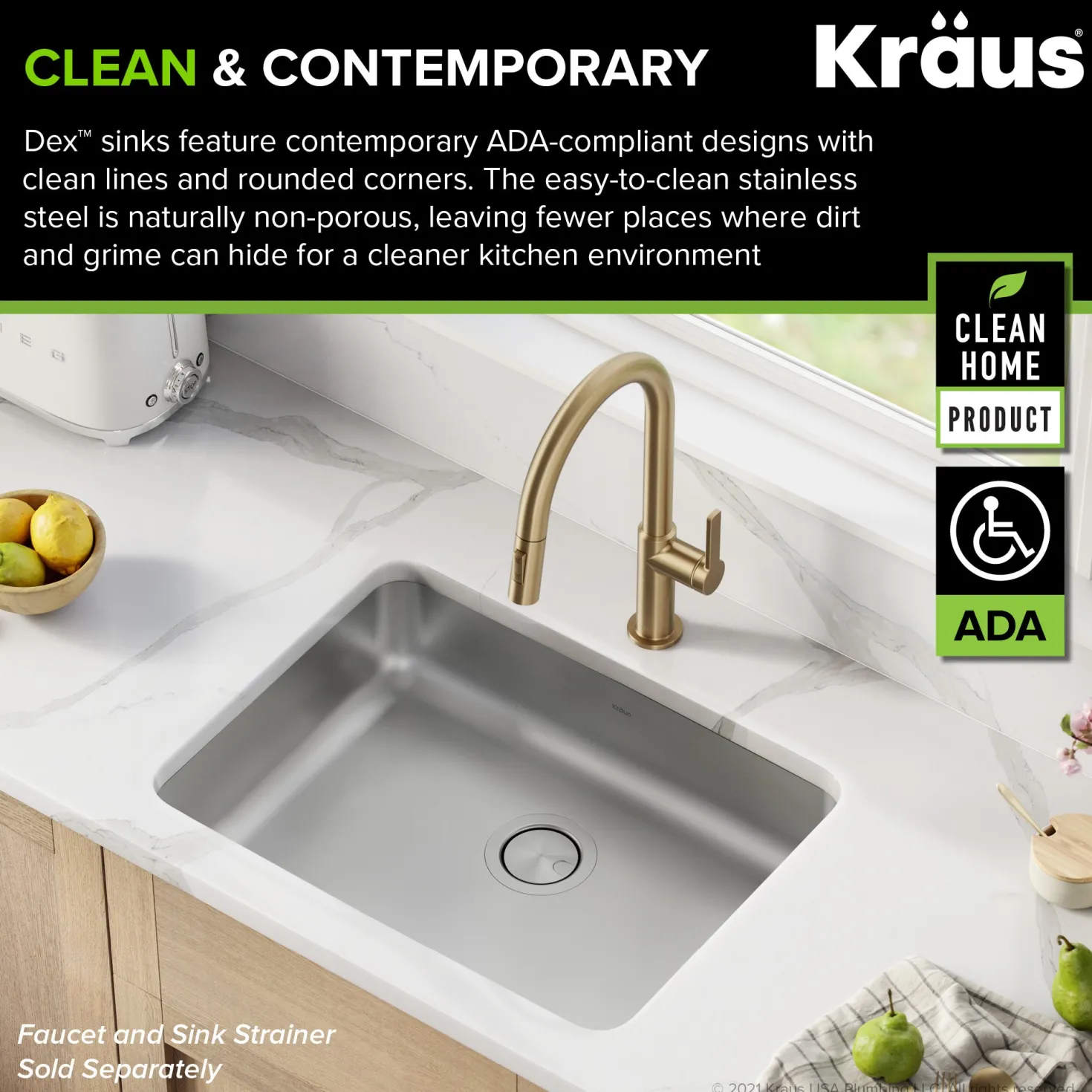 KRAUS Dex 25" Undermount 16 Gauge Stainless Steel ADA Kitchen Sink