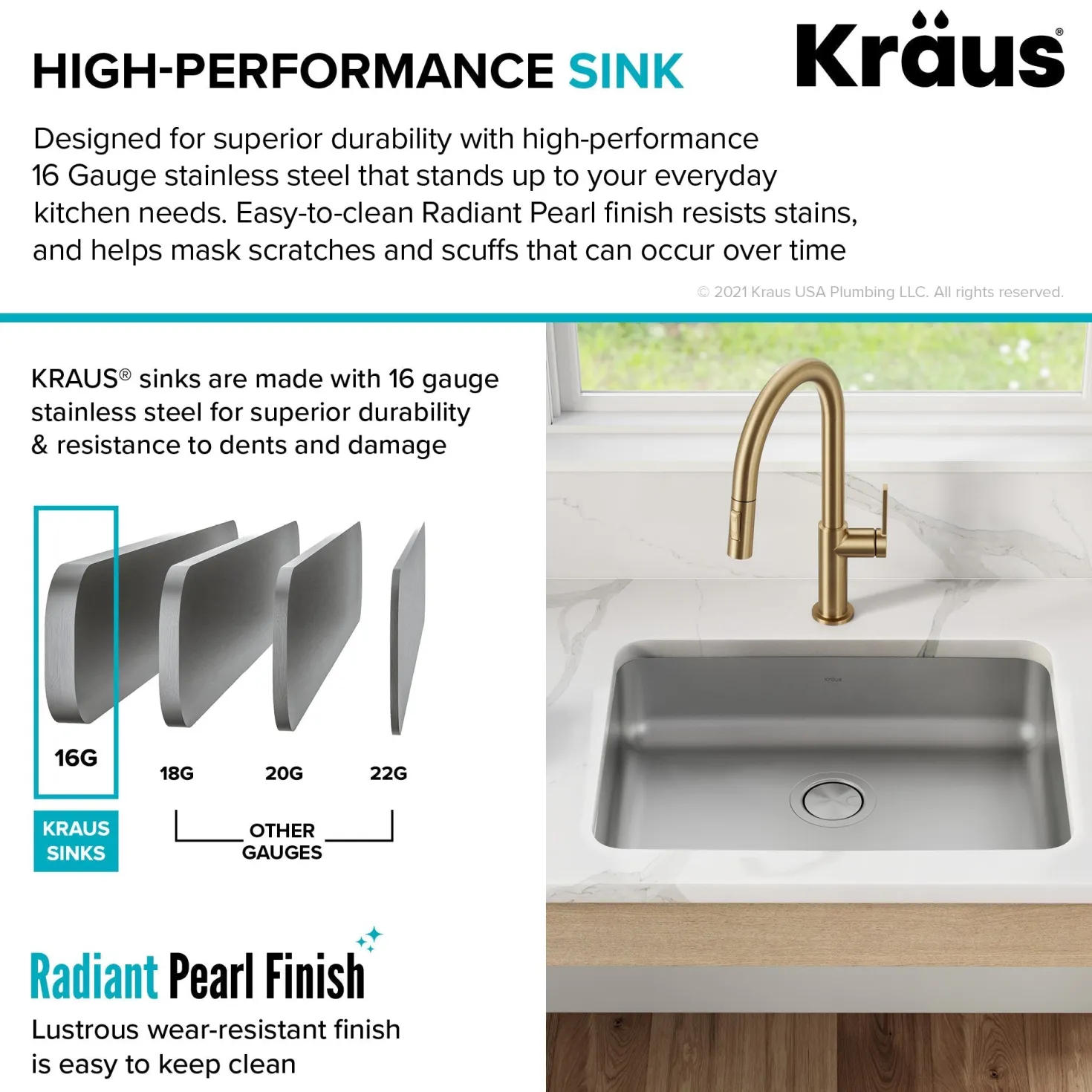 KRAUS Dex 25" Undermount 16 Gauge Stainless Steel ADA Kitchen Sink