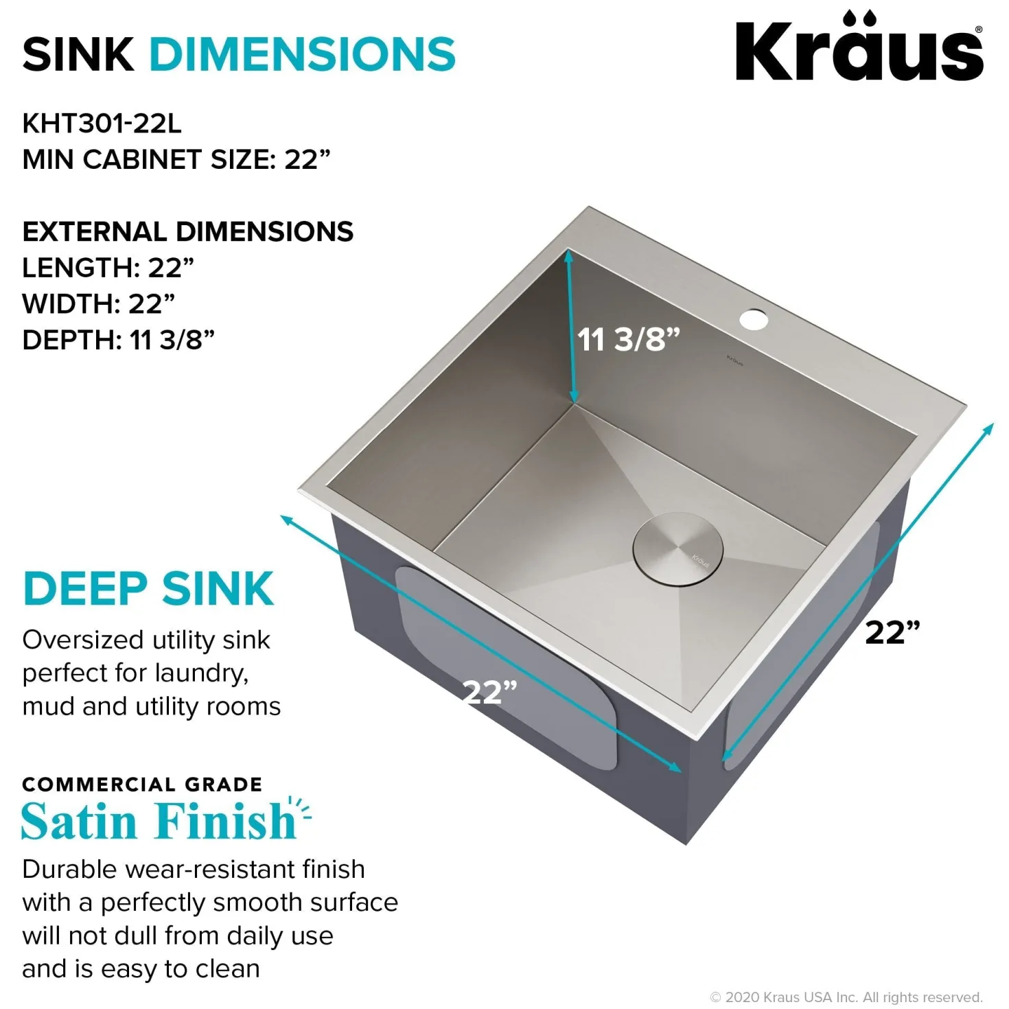 KRAUS 22" Drop-in 16 Gauge Stainless Steel Laundry Utility Sink