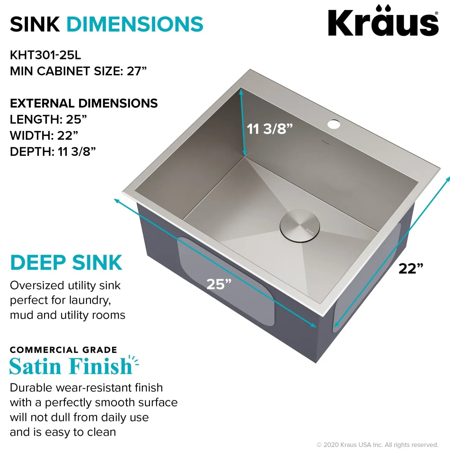 KRAUS 25" Drop-in 16 Gauge Stainless Steel Laundry Utility Sink