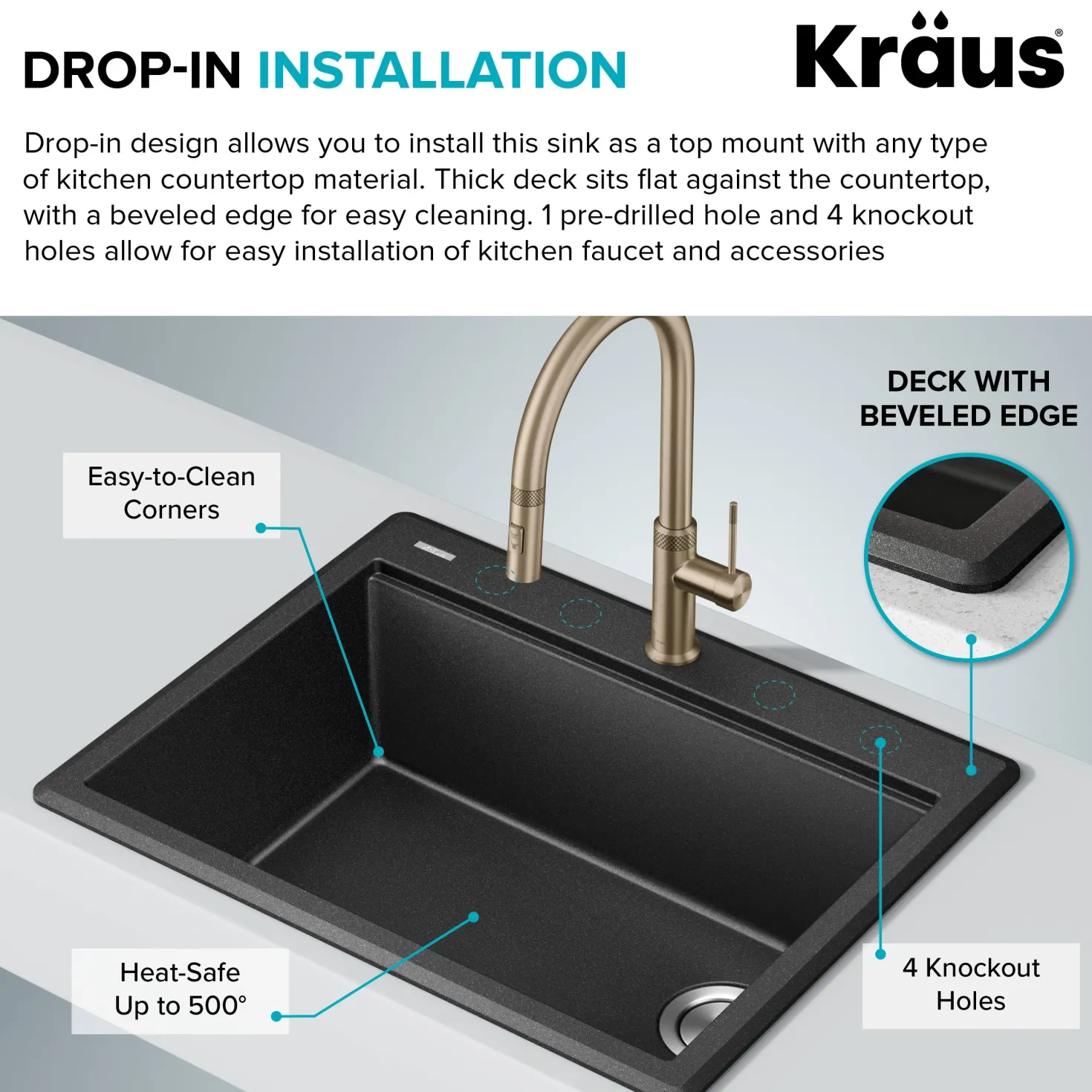KRAUS 28” Drop-In Granite Composite Workstation Kitchen Sink in Metallic Black