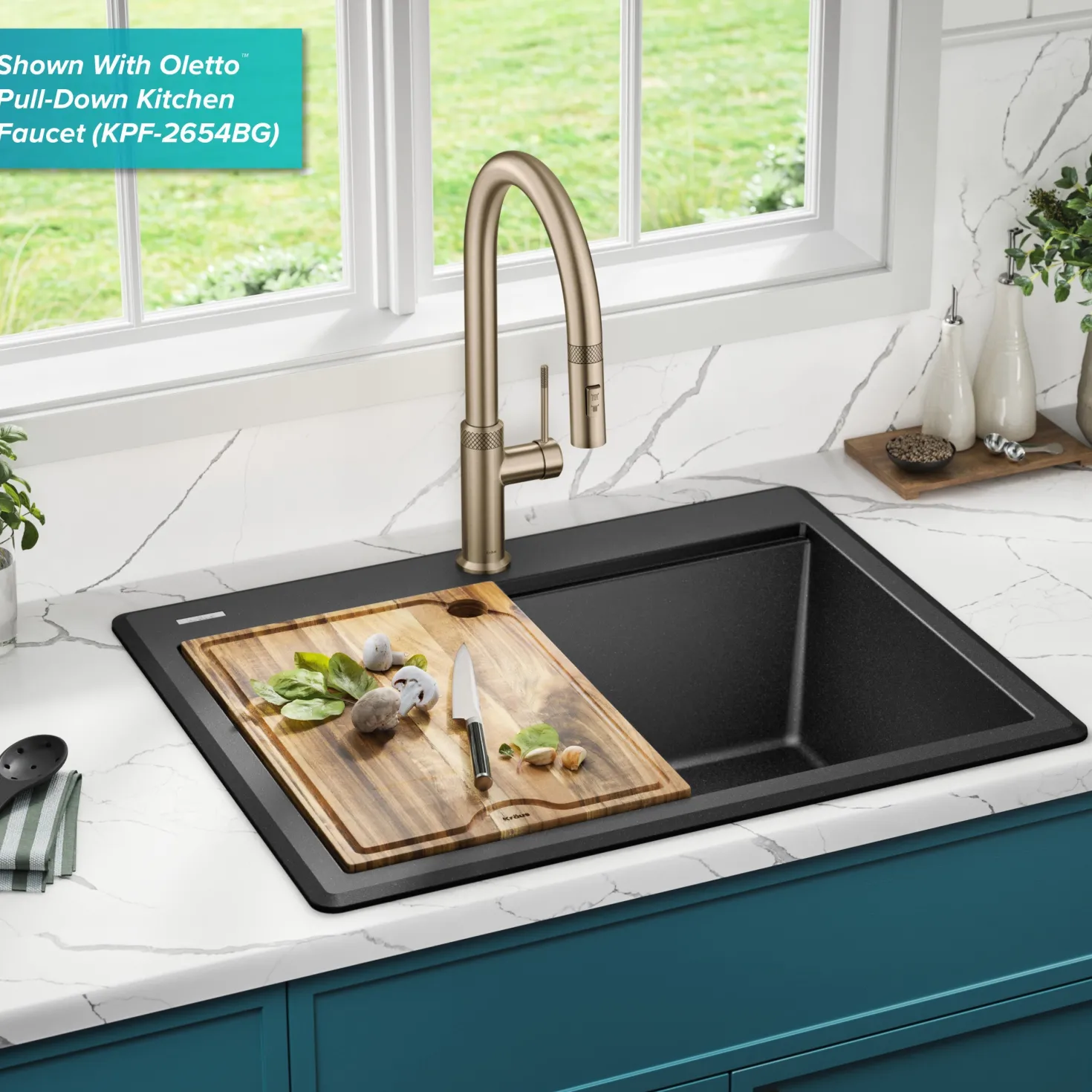 KRAUS 28” Drop-In Granite Composite Workstation Kitchen Sink in Metallic Black