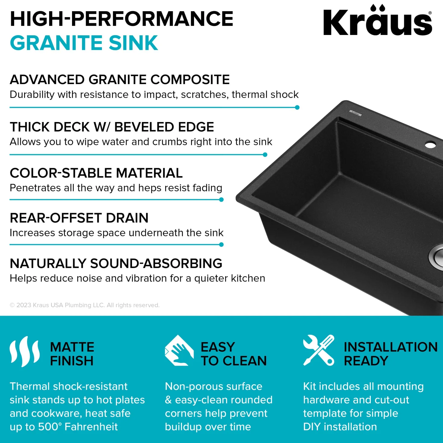 KRAUS 28” Drop-In Granite Composite Workstation Kitchen Sink in Metallic Black