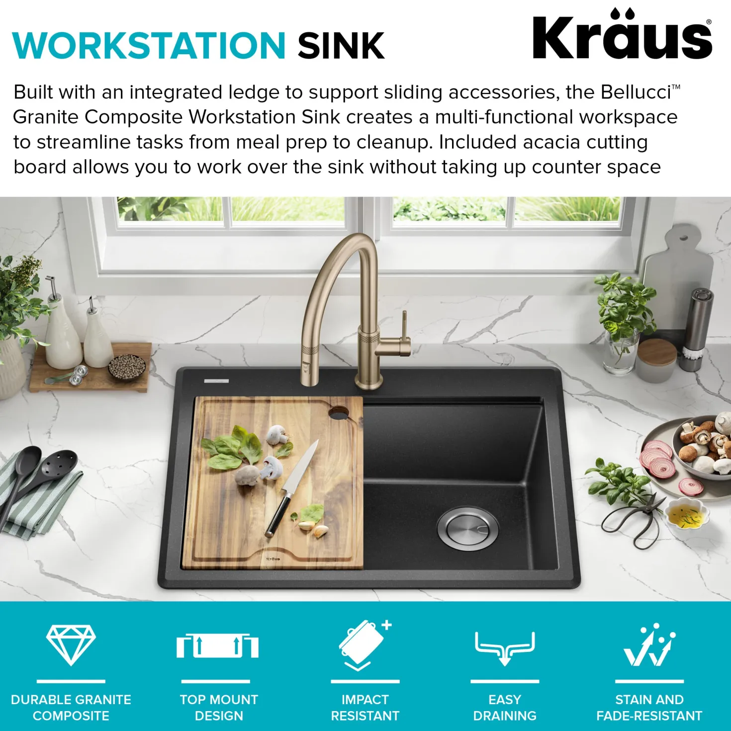 KRAUS 28” Drop-In Granite Composite Workstation Kitchen Sink in Metallic Black