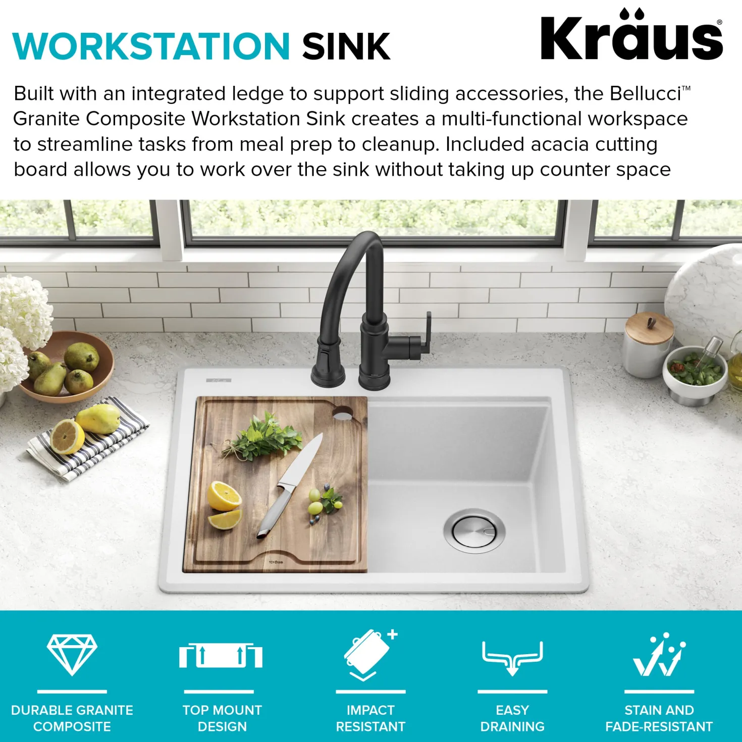 KRAUS 28” Drop-In Granite Composite Workstation Kitchen Sink in White