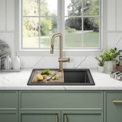 KRAUS 25” Drop-In Granite Composite Workstation Kitchen Sink in Metallic Black