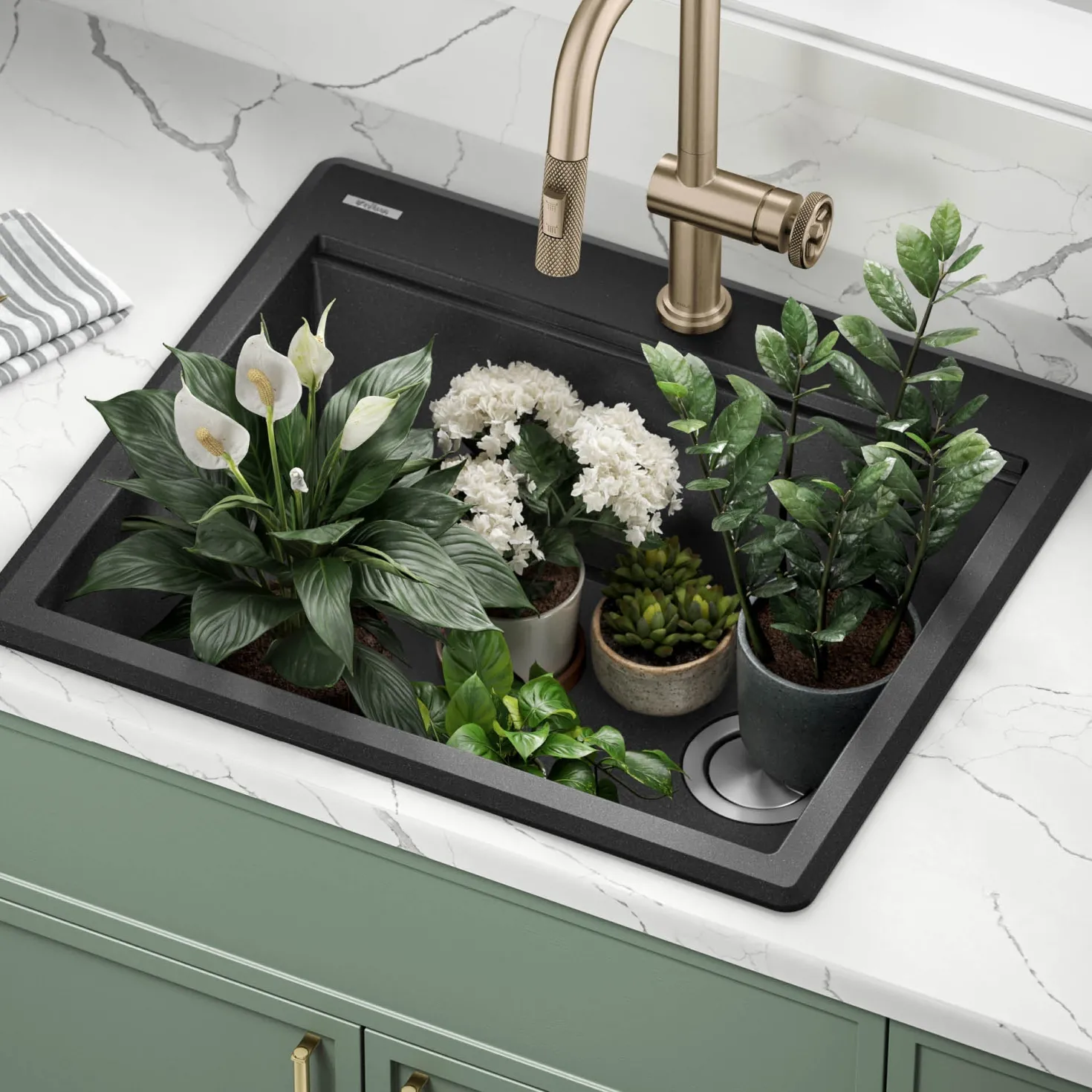 KRAUS 25” Drop-In Granite Composite Workstation Kitchen Sink in Metallic Black