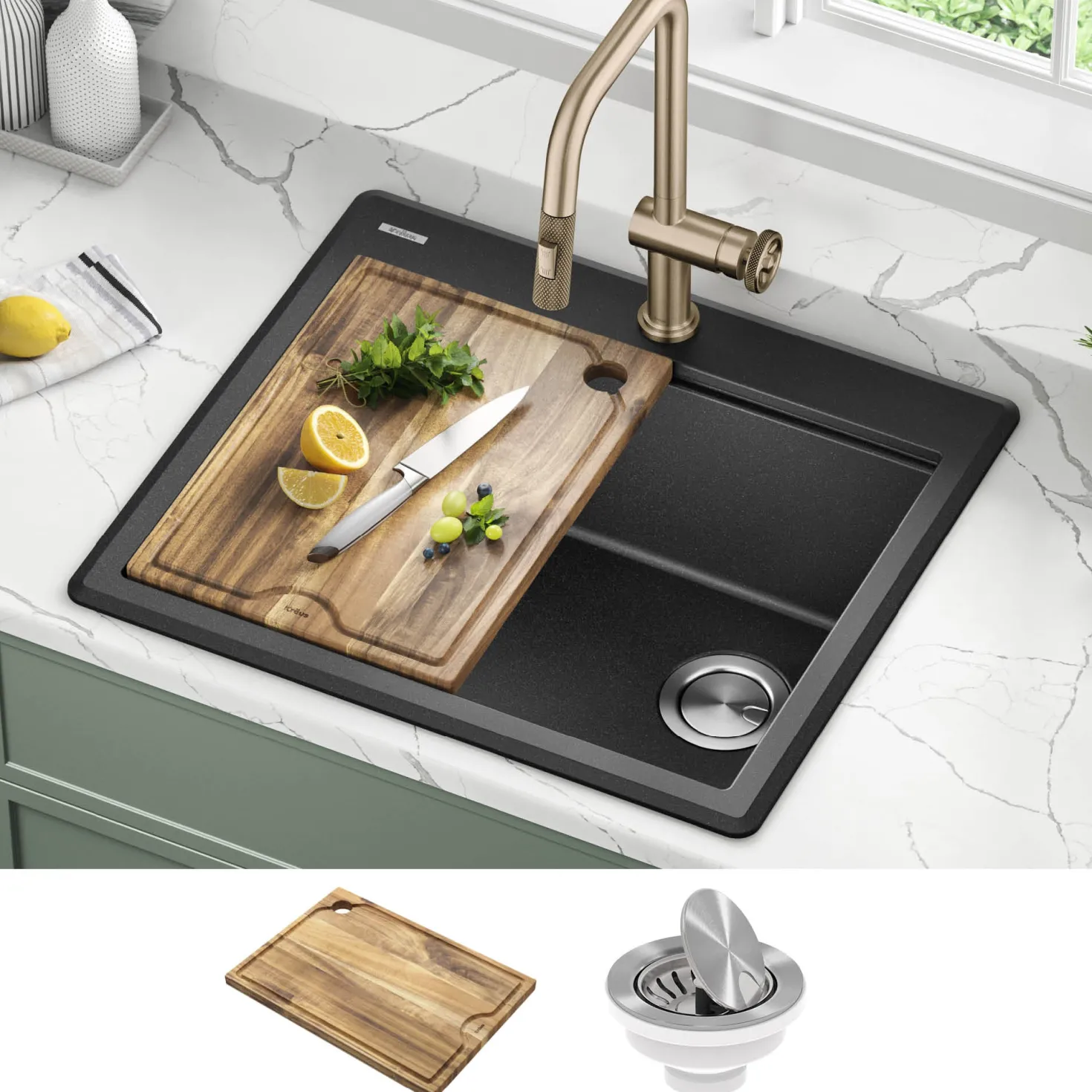 KRAUS 25” Drop-In Granite Composite Workstation Kitchen Sink in Metallic Black