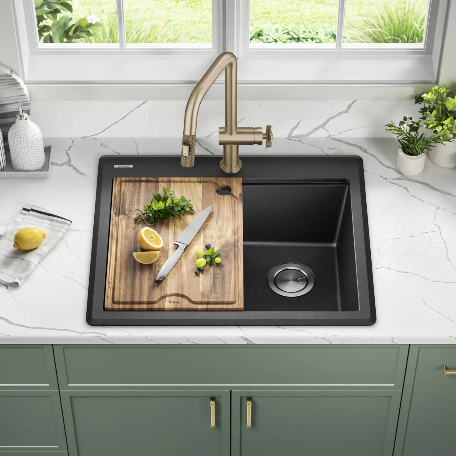 KRAUS 25” Drop-In Granite Composite Workstation Kitchen Sink in Metallic Black