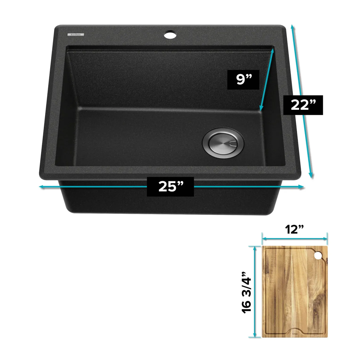 KRAUS 25” Drop-In Granite Composite Workstation Kitchen Sink in Metallic Black