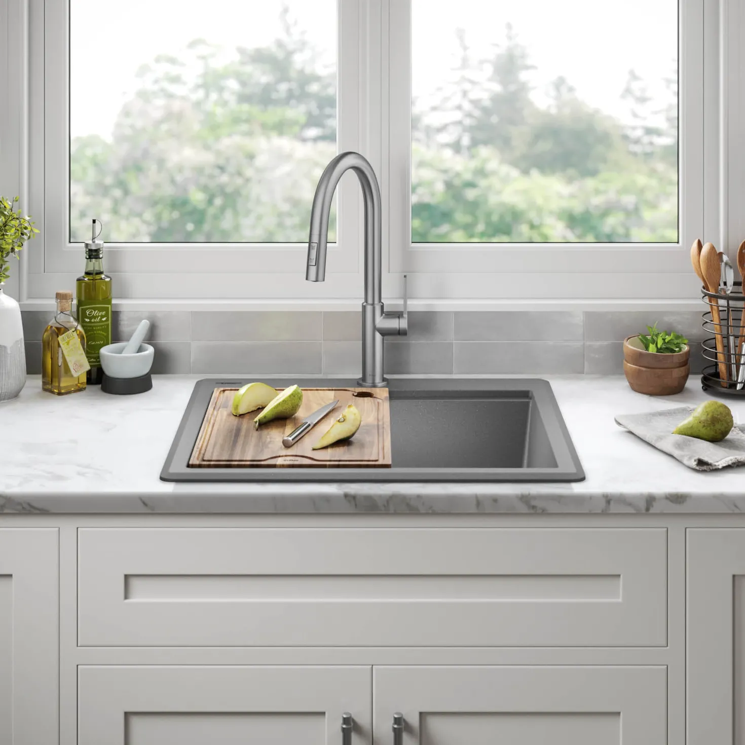 KRAUS 25” Drop-In Granite Composite Workstation Kitchen Sink in Metallic Grey