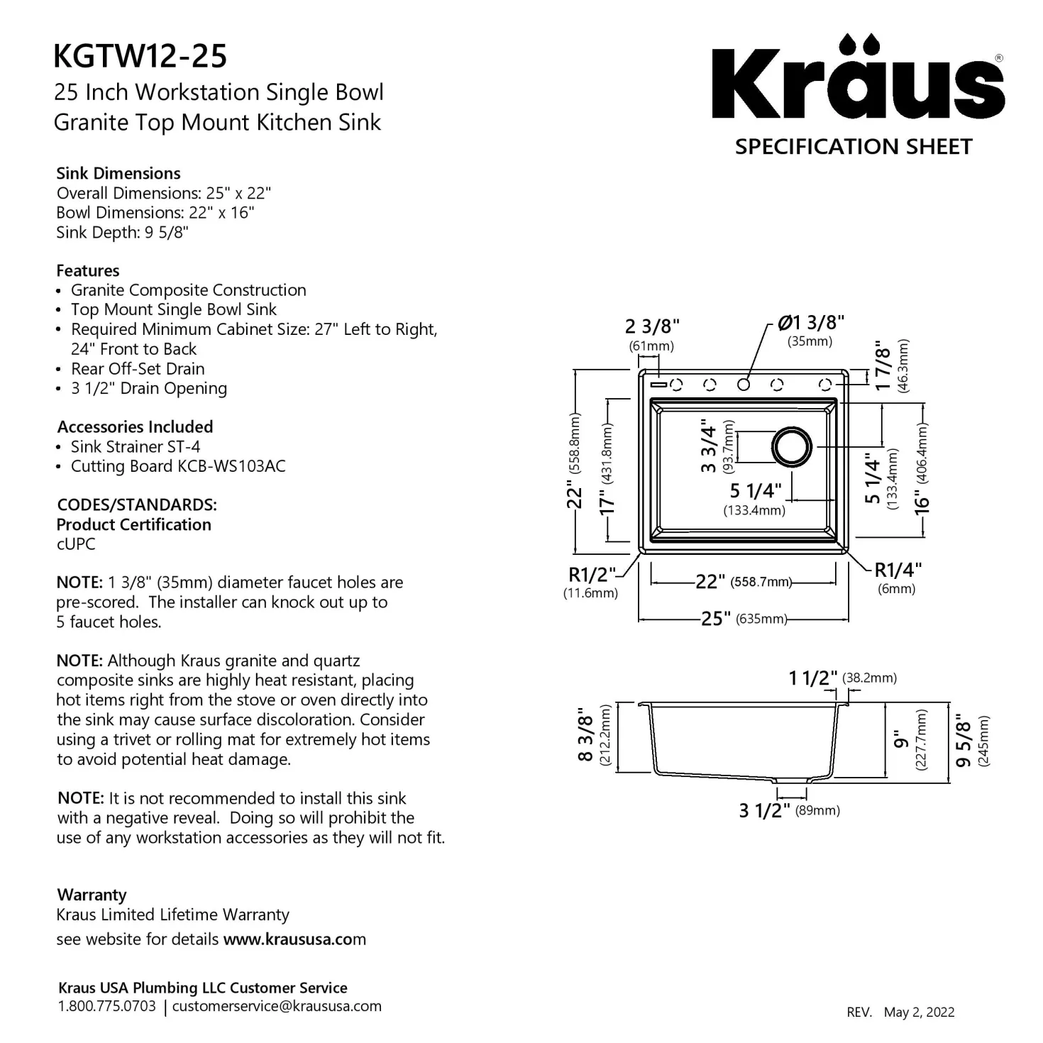 KRAUS 25” Drop-In Granite Composite Workstation Kitchen Sink in Metallic Grey