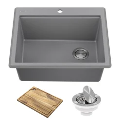 KRAUS 25” Drop-In Granite Composite Workstation Kitchen Sink in Metallic Grey