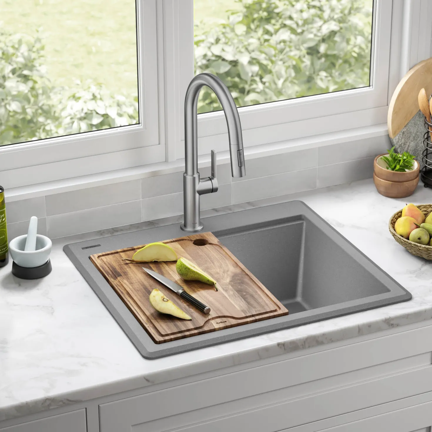 KRAUS 25” Drop-In Granite Composite Workstation Kitchen Sink in Metallic Grey