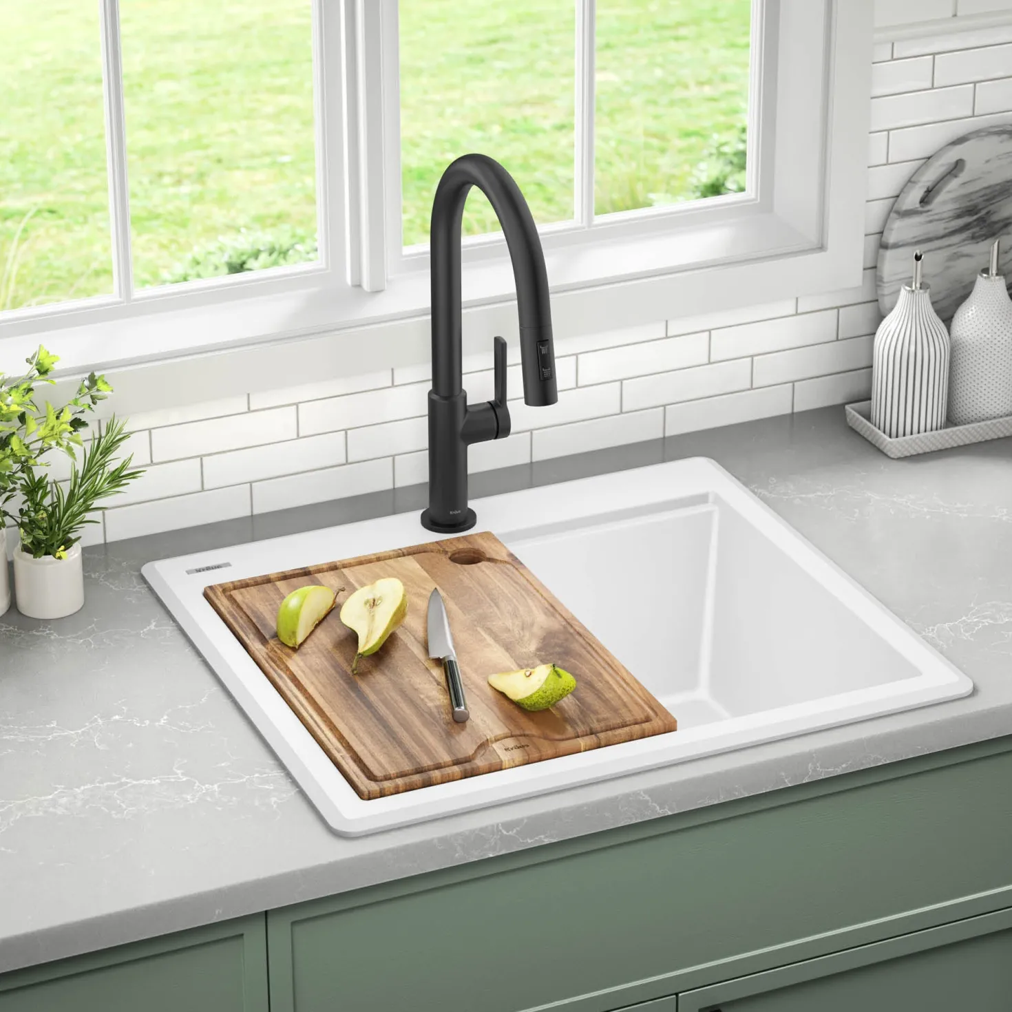 KRAUS 25” Drop-In Granite Composite Workstation Kitchen Sink in White