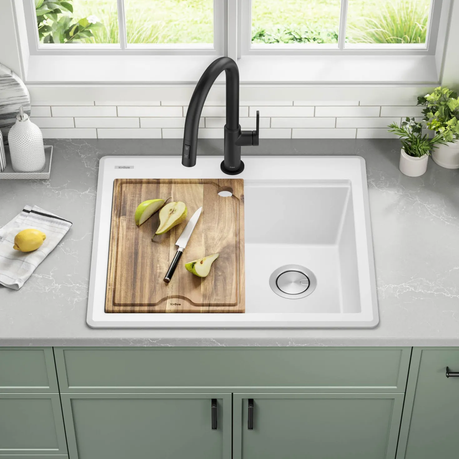 KRAUS 25” Drop-In Granite Composite Workstation Kitchen Sink in White