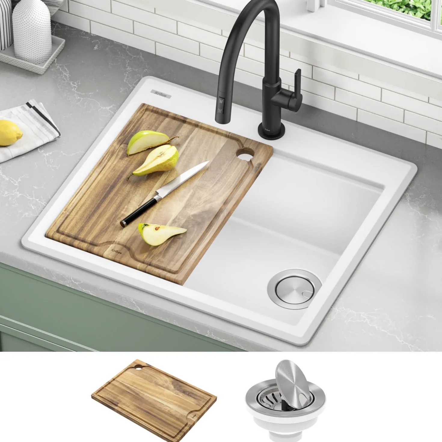 KRAUS 25” Drop-In Granite Composite Workstation Kitchen Sink in White