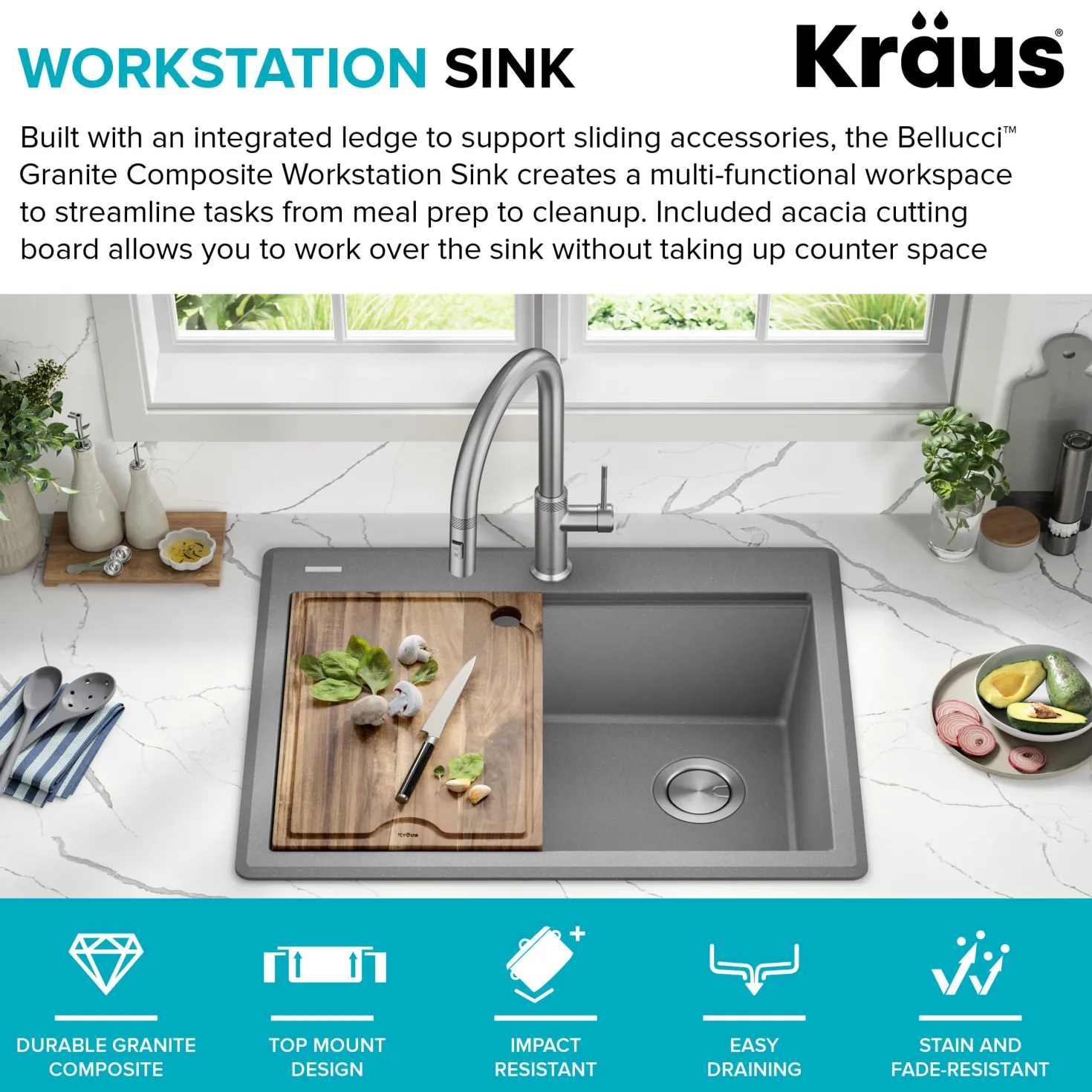 KRAUS 28” Drop-In Granite Composite Workstation Kitchen Sink in Metallic Grey