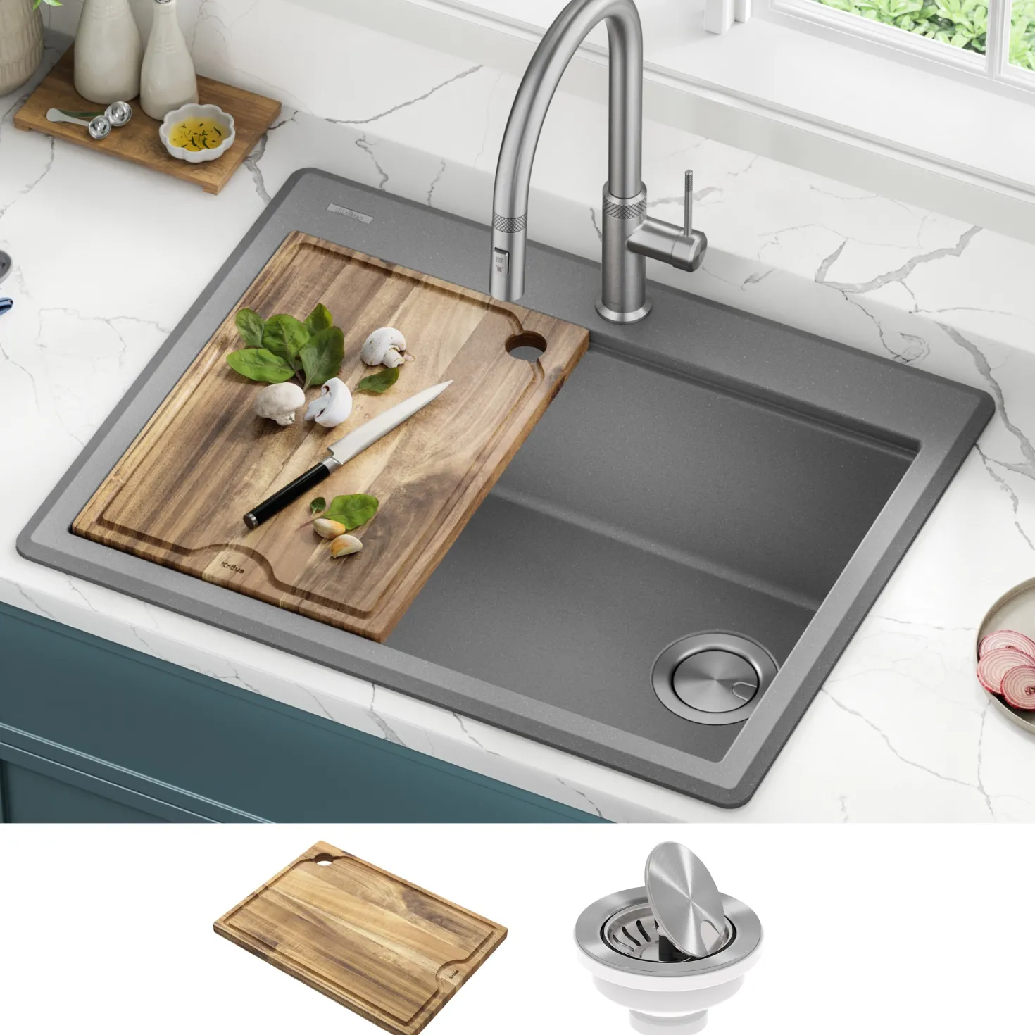 KRAUS 28” Drop-In Granite Composite Workstation Kitchen Sink in Metallic Grey