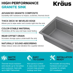 KRAUS 28” Drop-In Granite Composite Workstation Kitchen Sink in Metallic Grey