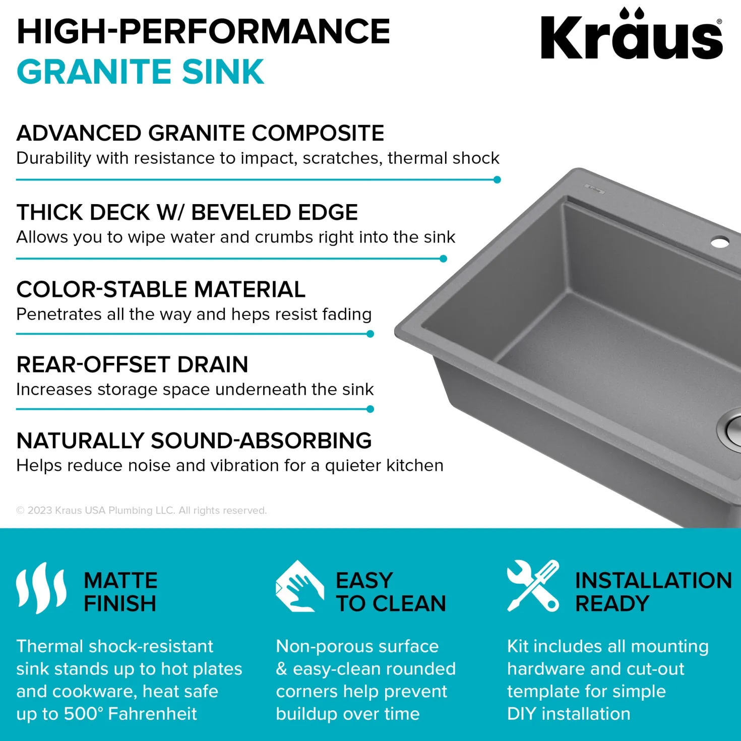 KRAUS 28” Drop-In Granite Composite Workstation Kitchen Sink in Metallic Grey