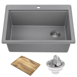 KRAUS 28” Drop-In Granite Composite Workstation Kitchen Sink in Metallic Grey