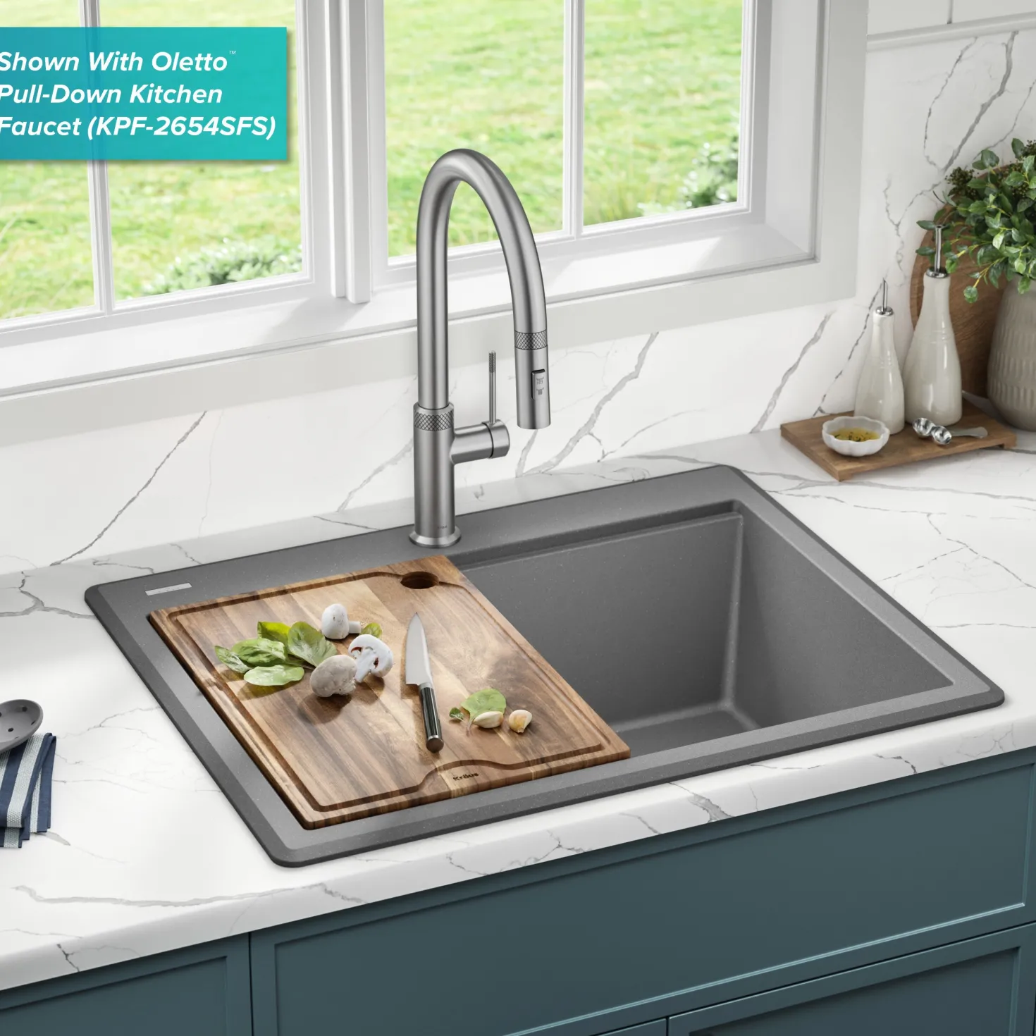 KRAUS 28” Drop-In Granite Composite Workstation Kitchen Sink in Metallic Grey