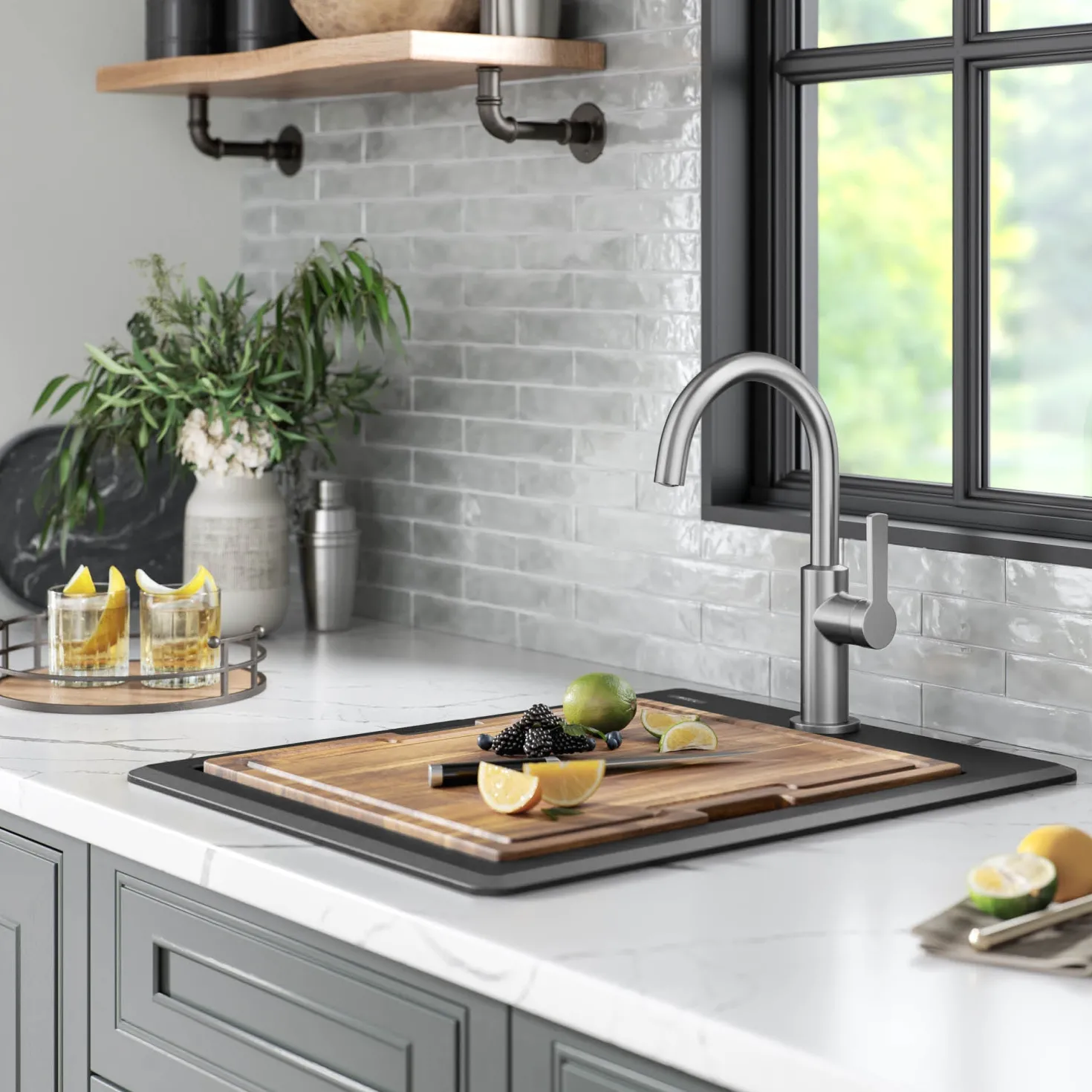 KRAUS 18” Drop-In Granite Composite Workstation Kitchen Bar Sink in Metallic Black