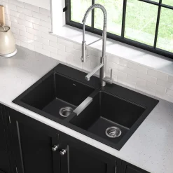 KRAUS 33" Dual Mount 50/50 Double Bowl Black Onyx Granite Kitchen Sink