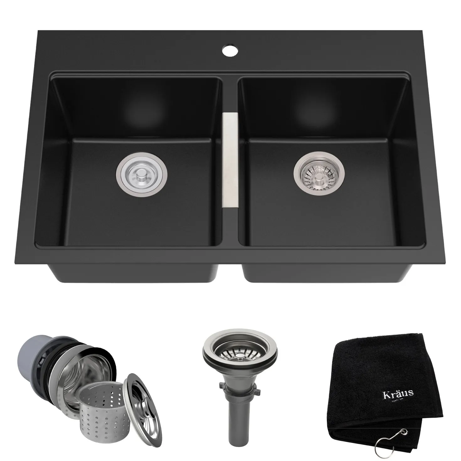 KRAUS 33" Dual Mount 50/50 Double Bowl Black Onyx Granite Kitchen Sink