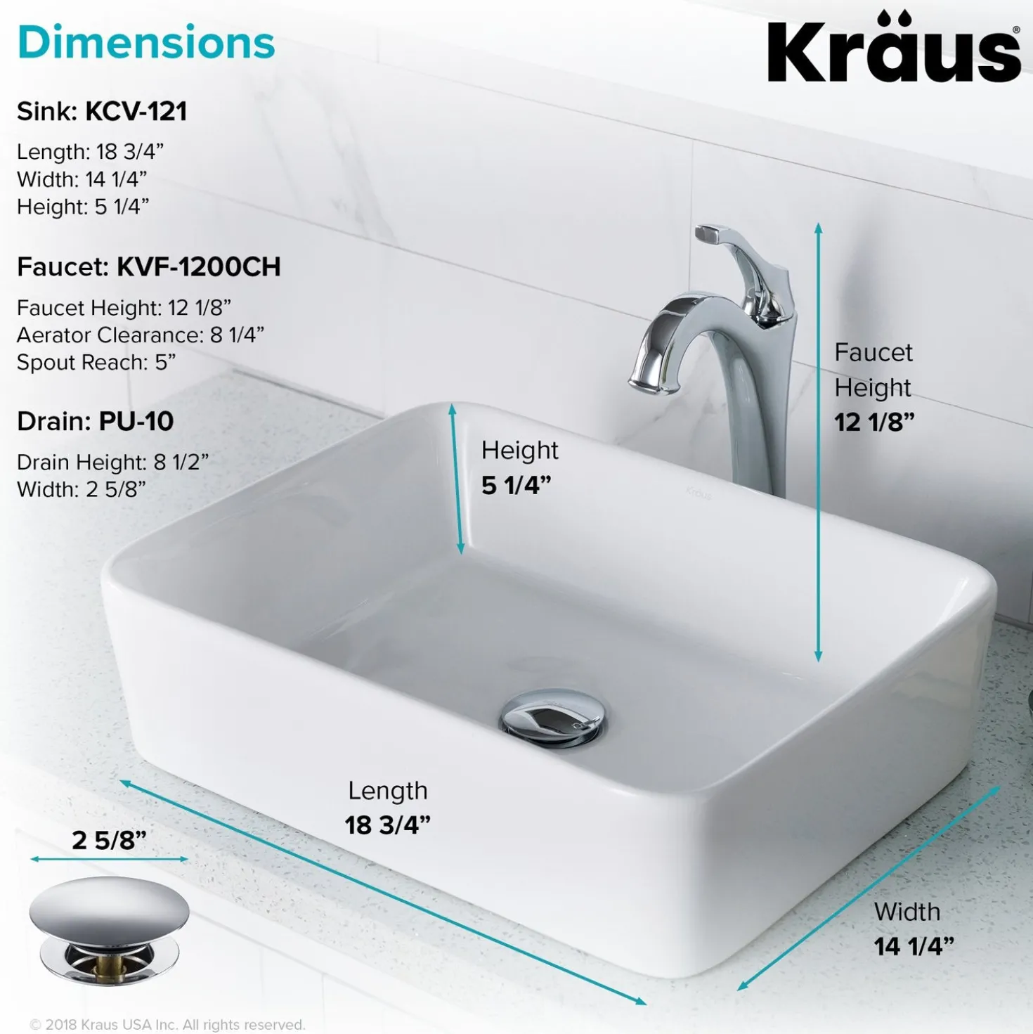 KRAUS Elavo 19-Inch Modern Rectangular White Porcelain Ceramic Bathroom Vessel Sink and Arlo Faucet Combo Set with Pop-Up Drain