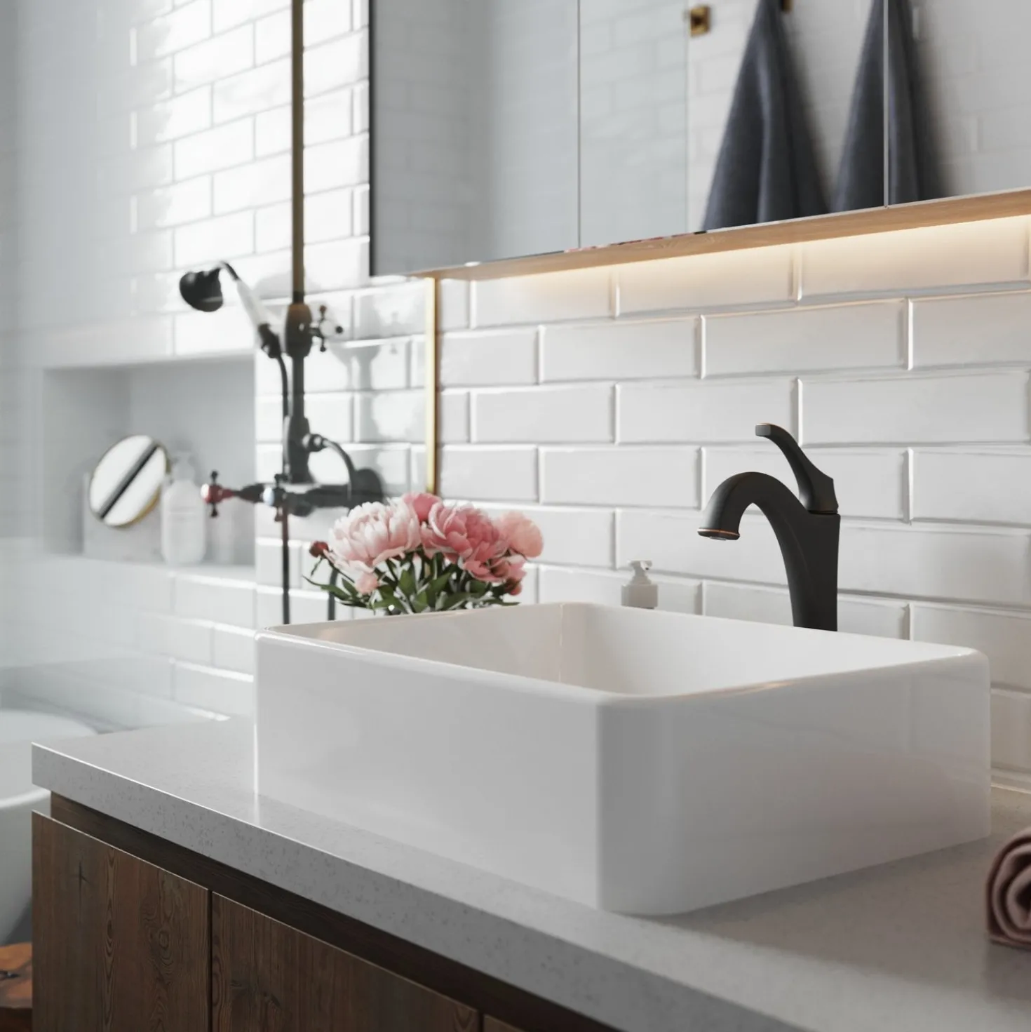 KRAUS Elavo 19-Inch Modern Rectangular White Porcelain Ceramic Bathroom Vessel Sink and Arlo Faucet Combo Set with Pop-Up Drain