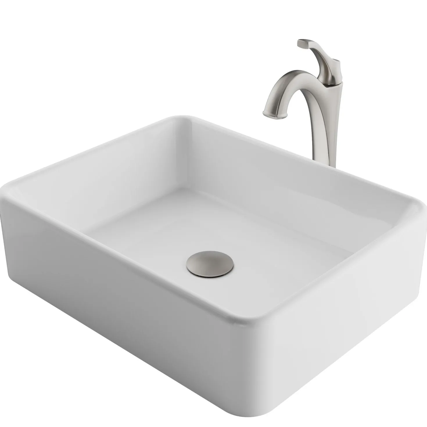 KRAUS Elavo 19-Inch Modern Rectangular White Porcelain Ceramic Bathroom Vessel Sink and Arlo Faucet Combo Set with Pop-Up Drain