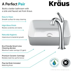 KRAUS Elavo 19-Inch Modern Rectangular White Porcelain Ceramic Bathroom Vessel Sink and Arlo Faucet Combo Set with Pop-Up Drain