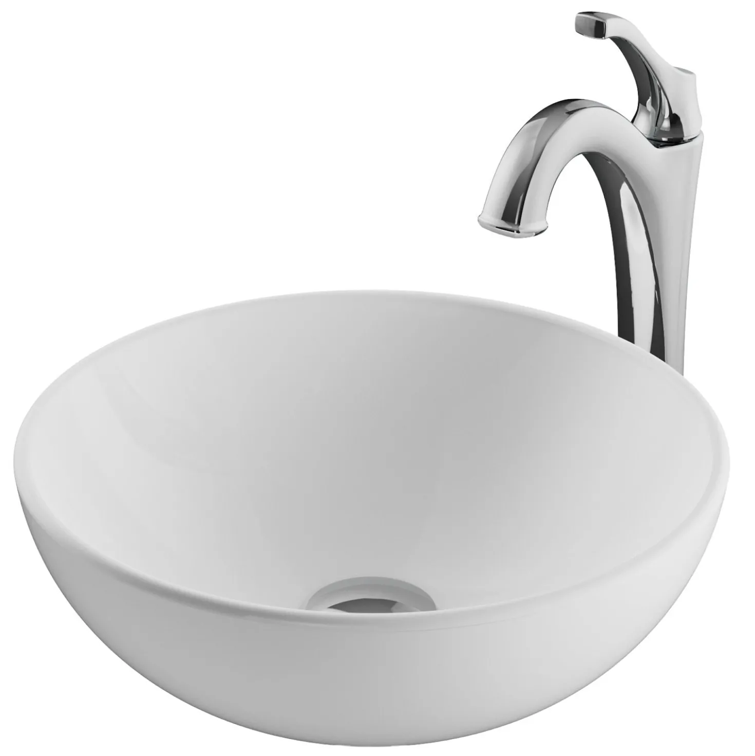 KRAUS Elavo 14-Inch Round White Porcelain Ceramic Bathroom Vessel Sink and Arlo Faucet Combo Set with Pop-Up Drain