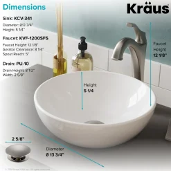 KRAUS Elavo 14-Inch Round White Porcelain Ceramic Bathroom Vessel Sink and Arlo Faucet Combo Set with Pop-Up Drain