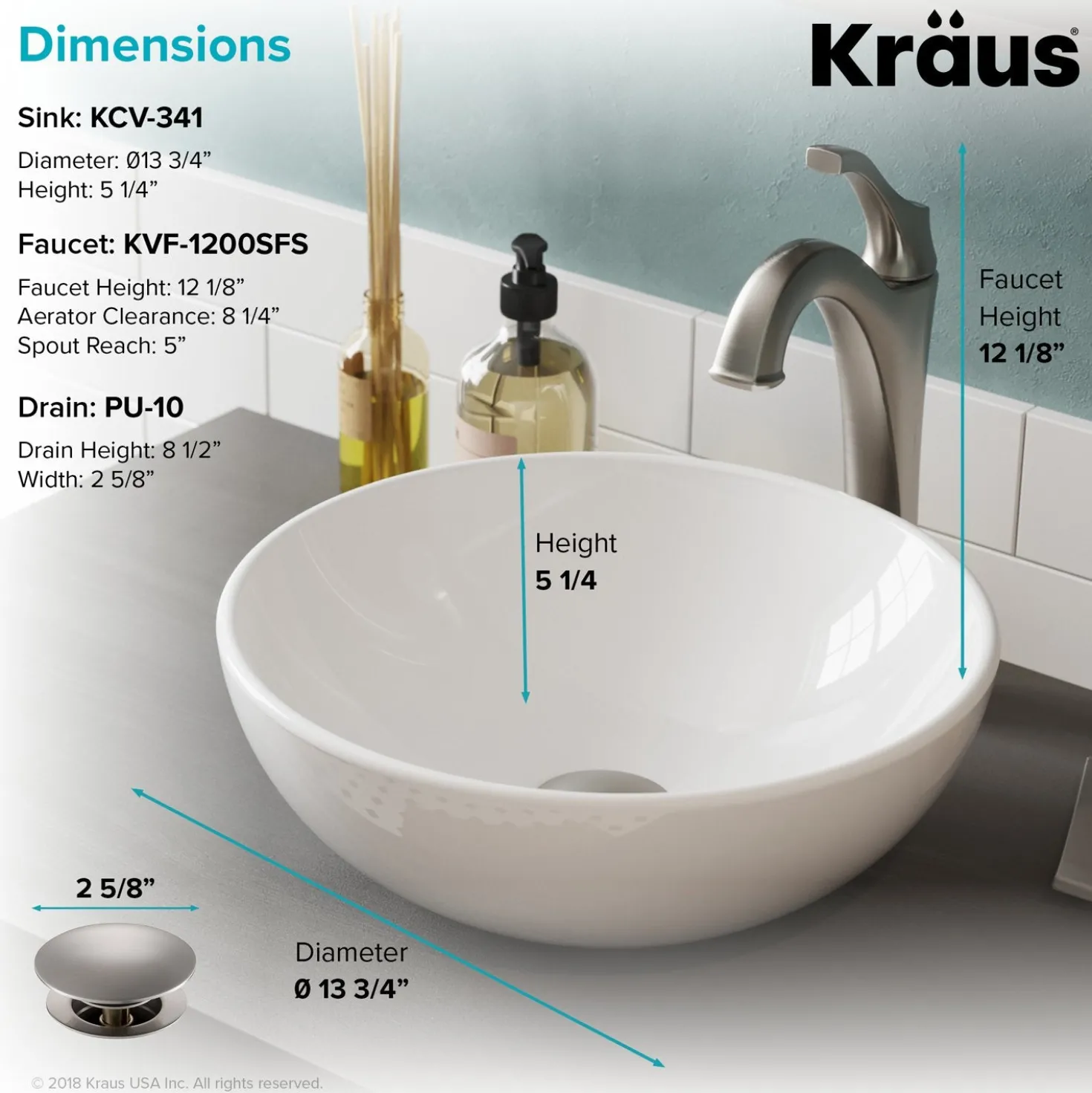 KRAUS Elavo 14-Inch Round White Porcelain Ceramic Bathroom Vessel Sink and Arlo Faucet Combo Set with Pop-Up Drain