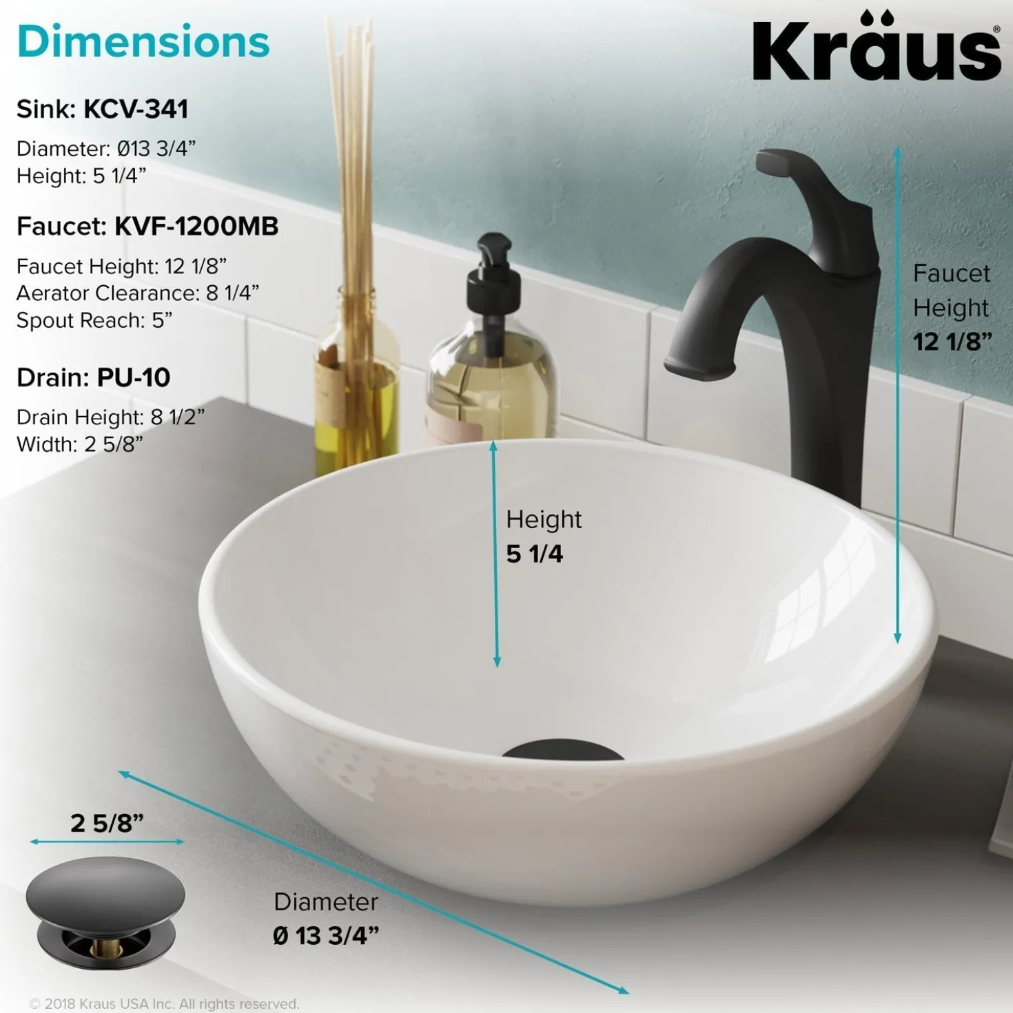 KRAUS Elavo 14-Inch Round White Porcelain Ceramic Bathroom Vessel Sink and Arlo Faucet Combo Set with Pop-Up Drain